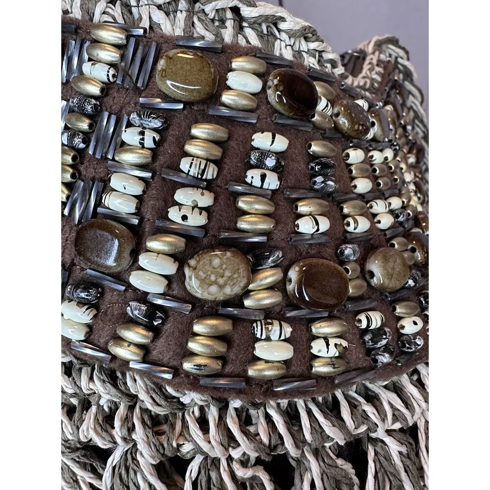 Vintage Sun N San Brown 1986 woven macramé beaded bohemian BoHo‎ shoulder bag